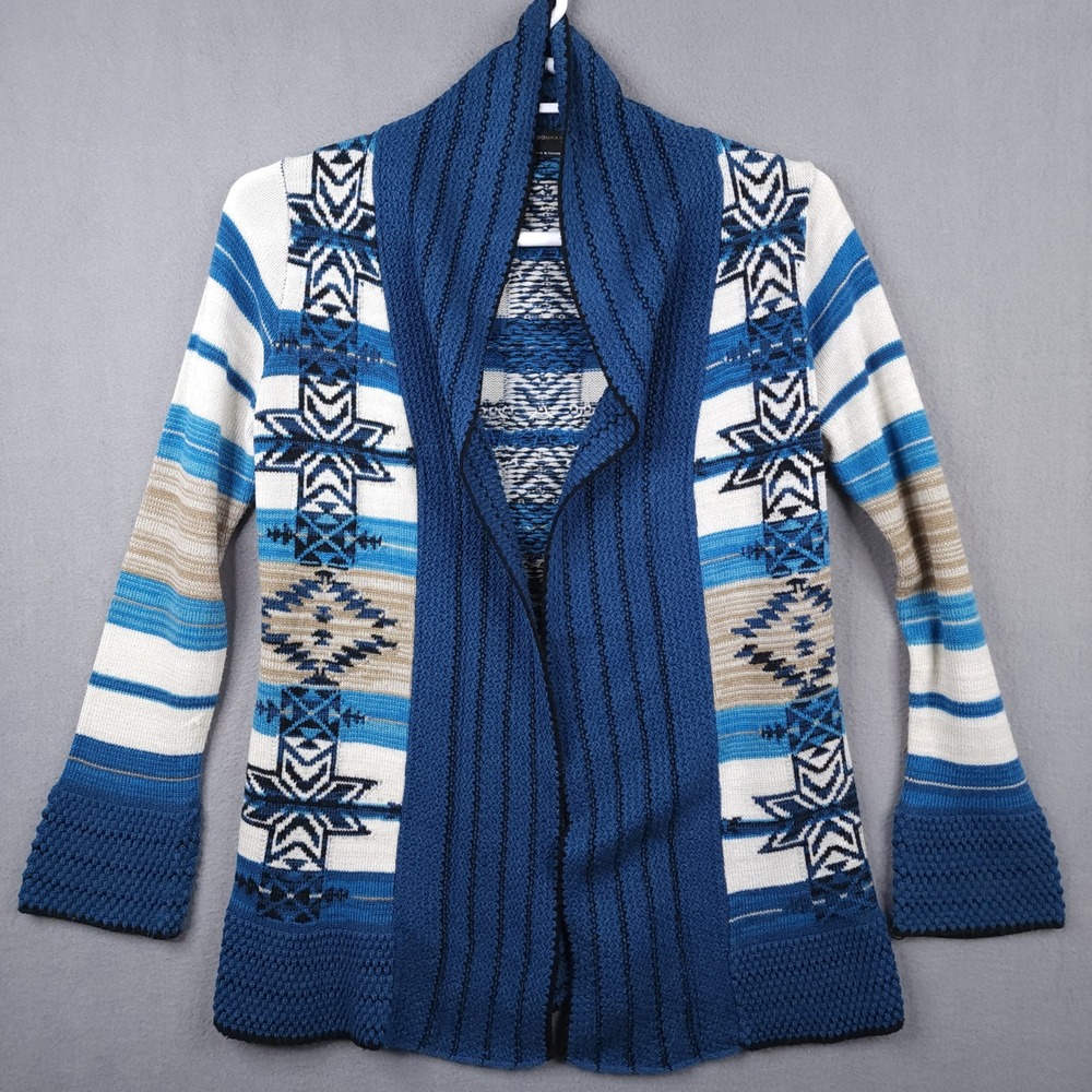 BCBGMAXAZRIA Womens Blue White Aztec Southwestern Open‎ Front Cardigan Sweater M